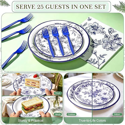 100 Pcs Disposable Blue and White Floral Tableware Set - Image 6