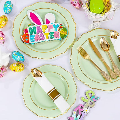 Liacere 350PCS Light Green Plates - Disposable Green and Gold Plastic Plates 50guest Baroque Dinnerware include 100Plates,50Pack Pre Rolled Napkins with Silverware 50Cups for Wedding ＆ Easter Day
