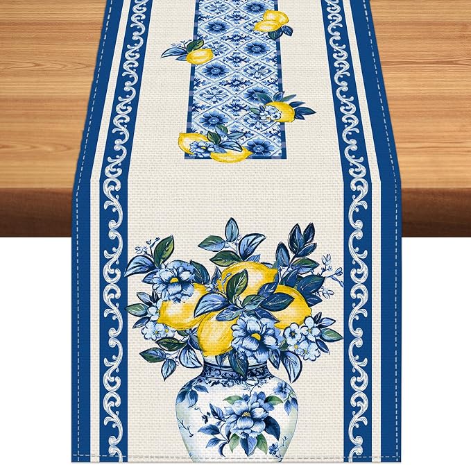 Summer Amalfi Coast Lemon Floral Table Runner Flowers Burlap Table Runners by BEAUTYROMANCEFORYOURLIFE
