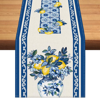 Summer Amalfi Coast Lemon Floral Table Runner Flowers Burlap Table Runners by BEAUTYROMANCEFORYOURLIFE
