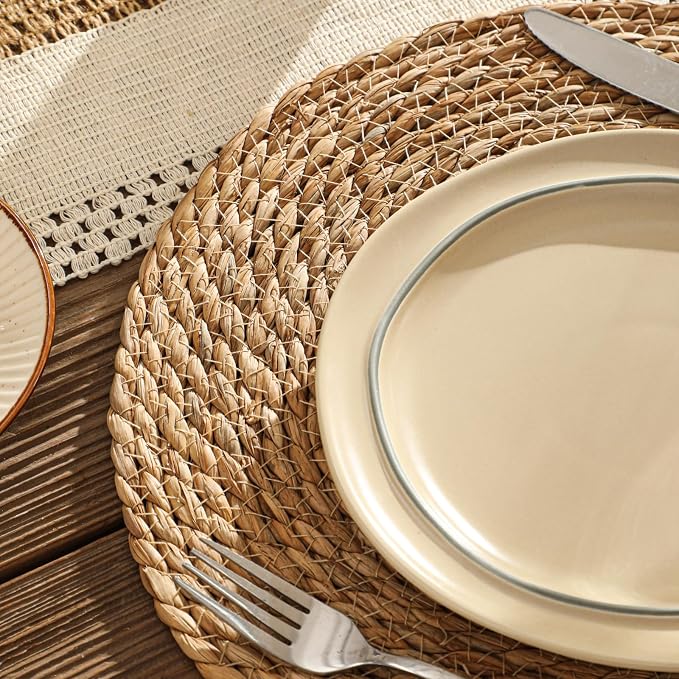 13.8'' Round Woven Placemats Set of 12, Boho Wicker Chargers, Terrekraft | - Image 7