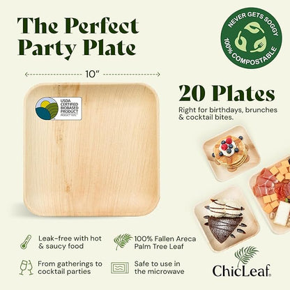 Chic Leaf Palm Leaf Disposable Bamboo Plates – Square, Biodegradable & Compostable Party Plates for Weddings, Parties & Events, Romantic Table for Valentine's Day Dinner (10", 20 Pack)