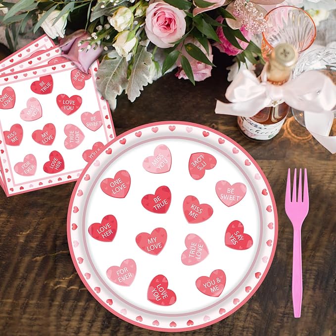 96 Pieces Valentine’s Day Tableware Set – Red and Pink Heart Message Disposable - Image 4