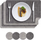 MOSAYT Placemats Set of 4, Heat Resistant Vinyl Place Mats with Coasters, Waterproof Wipeable Washable Faux Leather Table Mats for Kitchen Dining Party Indoor Outdoor, 12" x 17", Dark Light Grey