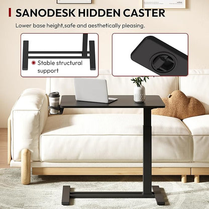 SANODESK Mobile Standing Desk with Hidden Wheels,Pneumatic Laptop Desk Rolling Computer Cart Movable Height Adjustable Small Sit Stand Desk for Home Office(31.5" W x 17.7" D, Black)