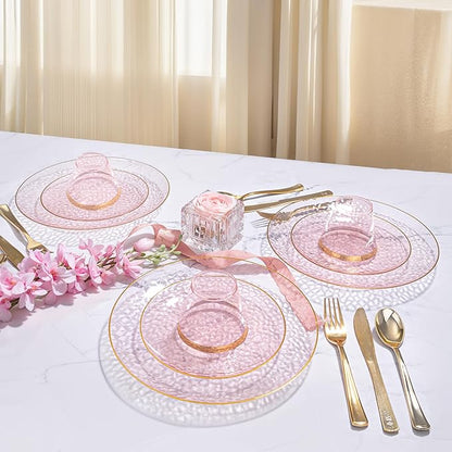 DaYammi 60PCS Pink Gold Plastic Plates - 10 inch Pink Plastic Dinner Plates - Hammer Pattern Design - Fancy Clear and Gold Disposable Plates Ideal for Mother's Day