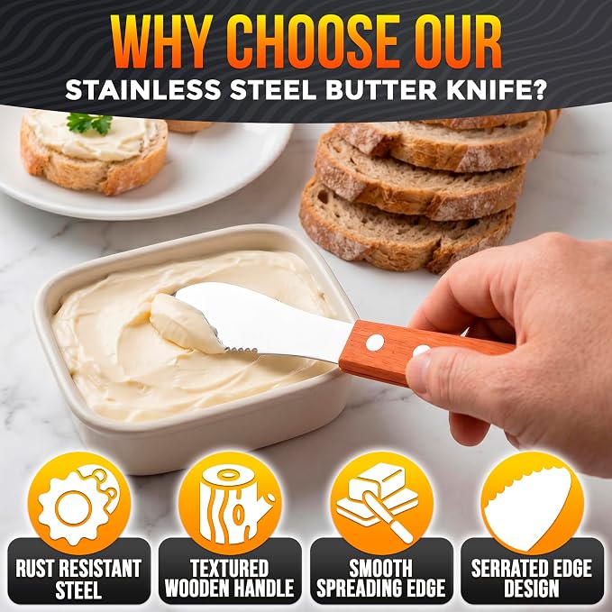 Butter Spreader Knife Set of 4, Wood Handle, 4 Inch Stainless Steel Blade | - Image 3