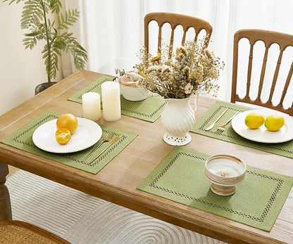 Farmhouse Burlap Hollow Placemats Set of 4, 12 x18 Inch Sage Green | Double - Image 5