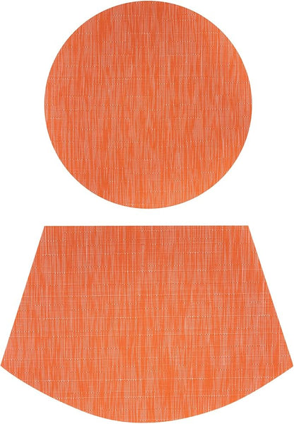 SHACOS Round Table Placemats Set of 5 Woven Vinyl Wedge Placemats with Centerpiece Round Table Mats Heat Resistant Wipe Clean (5, Orange)