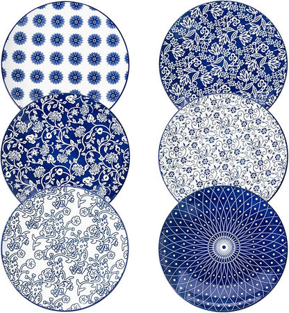 Ceramic Dinner Plates Set - 10.5 Inch Large Kitchen Porcelain Salad Serving Plate for Pasta Steak Pizza Pancakes - Scratch Resistant Dishwasher Oven Microwave Safe - Set of 6 - Vintage Blue