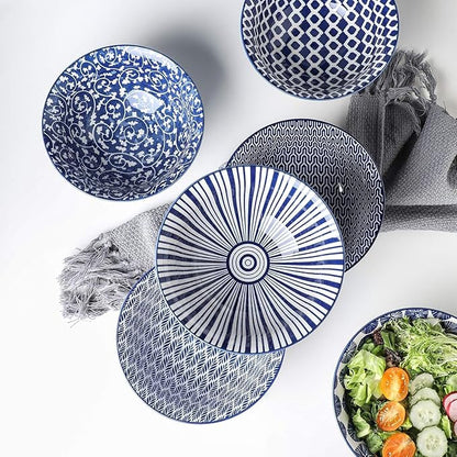 Selamica 7 inches Porcelain Cereal Bowl Set - Set of 6, Soup Bowls, Ceramic bowls for Cereal, Soup, Salad and Pasta, Vintage Blue