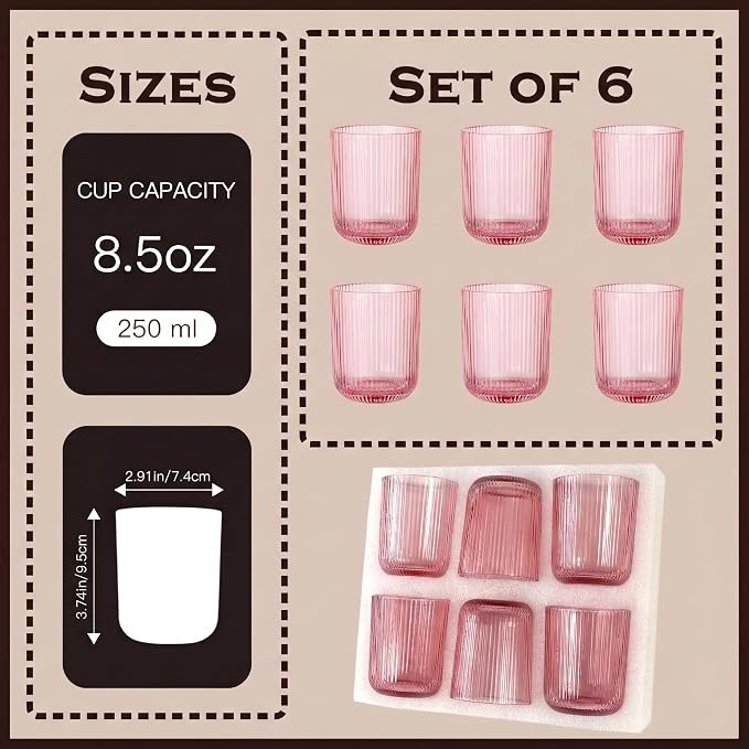 Pink Ribbed Drinking Glasses Set of 6, 8.5oz Vintage Highball Tumblers - Image 3