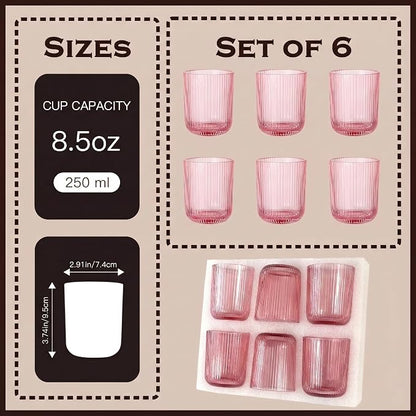 Pink Ribbed Drinking Glasses Set of 6, 8.5oz Vintage Highball Tumblers - Image 3