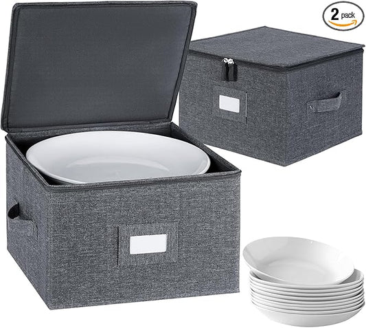 China Storage Containers Hard Shell Inside 13" W x 8" H, Charger Plate Storage Containers for Dishes, Dinnerware with 24 Felt Dividers, Hold 24 Plates, Stackable (2 Pack Grey)