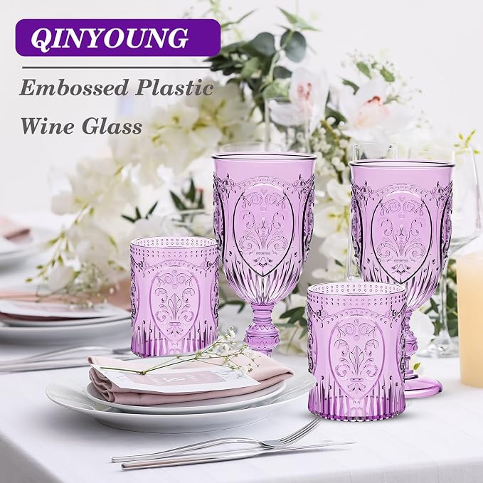 Qinyoung 24 Plastic Vintage Drinking Glasses 8.5oz Stemless Retro Embossed Wine - Image 7