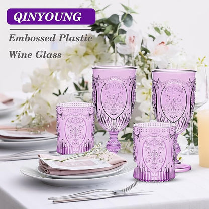 Qinyoung 24 Plastic Vintage Drinking Glasses 8.5oz Stemless Retro Embossed Wine - Image 7