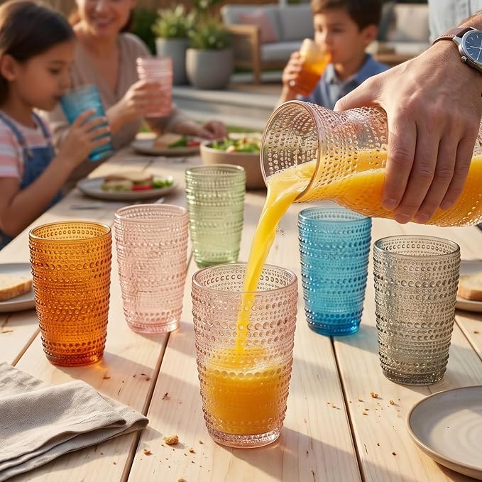 Khen Beaded Highball Tumbler Drinking Glasses Set | Set of 6 | Vintage Hobnail - Image 8