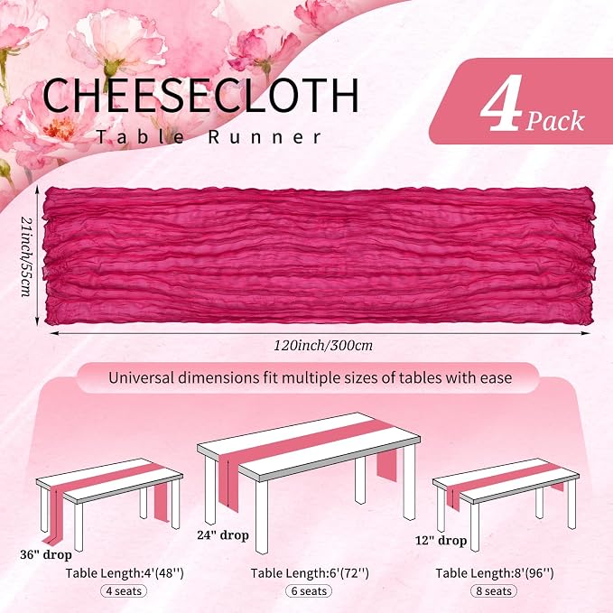 4 Pack Cheesecloth Table Runner 10FT Hot Pink Table Runner Boho Gauze Cheese - Image 2