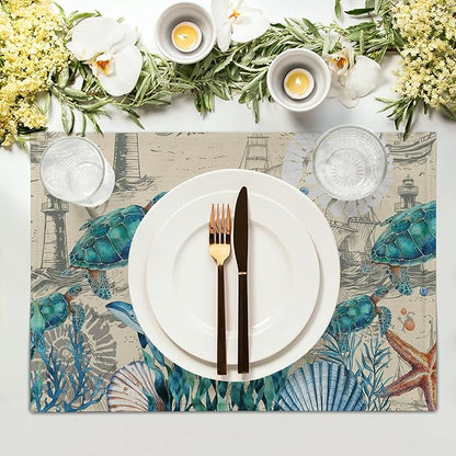 Nautical Placemats Set of 4 - Vintage Coastal Place Mats 12x18 Sea Turtle Table Mats Beach Kitchen Mats for Party Dining Table