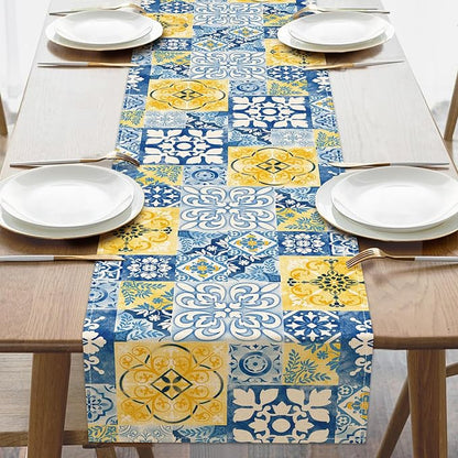 Moroccan Blue Mosaic Tile Dining Table Runner, Vintage Amalfi Coast | Azulejo by Croar