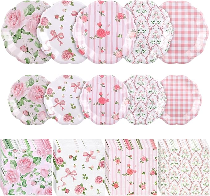NatNarr 50 Set Pink Floral Plates and Napkins Fancy Tea Party Decor | 9" Floral by NatNarr