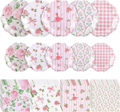 NatNarr 50 Set Pink Floral Plates and Napkins Fancy Tea Party Decor | 9" Floral by NatNarr