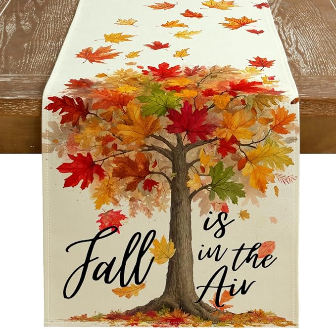 Fall Table Runner 13 x 72 Inch, Maple Leaves Autumn Farmhouse Decor by GEEORY