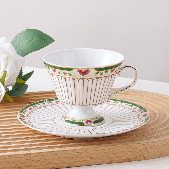 fanquare Nordic Style Tea Cup and Saucer, Classic Stripes Floral Teacup - Image 3