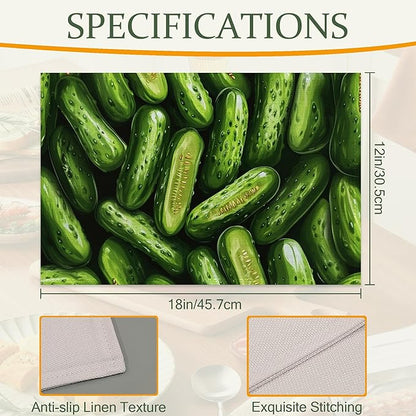 Table Placemats Set of 6,Green Cucumber Cloth Placemats,Vegetable Food Theme Heat-Resistant Table Mats for Kitchen Dining Room Decoration,Non-Slip Fabric Place Mats 11.8x17.7 Inch