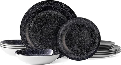 Bestone 12-Piece Round Porcelain Dinnerware Set, Service for 4, Chip Resistant Plates and Bowls,Black, Dishwasher & Microwave Safe for Home Daily Use