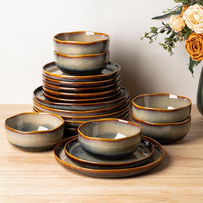 Ceramic Dinnerware Set for 6, 18-Piece Plates and Bowls Set | Handmade Reactive by TheTerra
