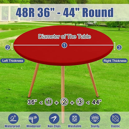 Round Spandex Christmas Tablecloth 2 Pack, Elastic Fitted Waterproof Tablecloths for 36"-44" Tables, Stretch Washable Picnic Table Cover for Camping, Dining, Indoor and Outdoor, Red