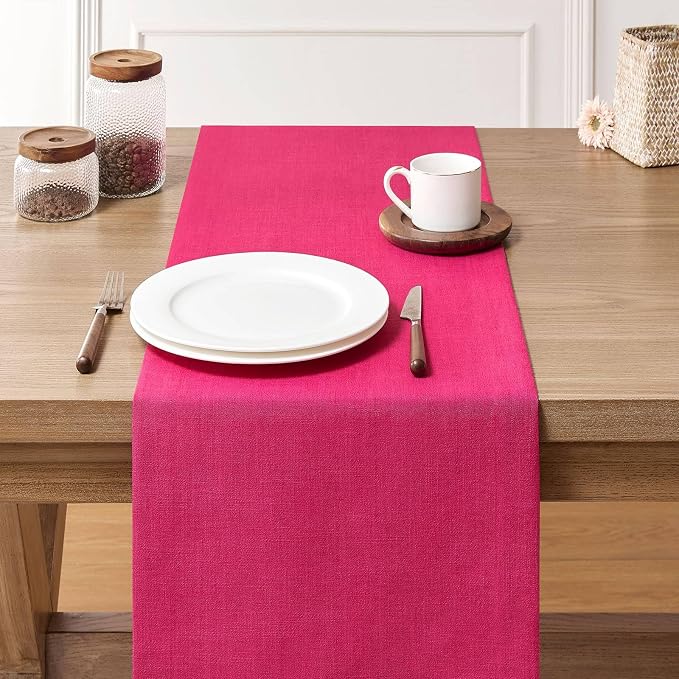 Linen Textured Border Table Runner, 14 x 36 Inch Hot Pink | Mitered Corner - Image 3