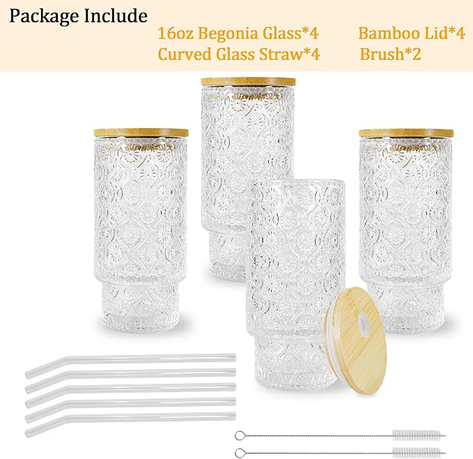 Glass Cups with Lids and Straws 16 oz Begonia Drinking Glasses Set | Vintage - Image 7