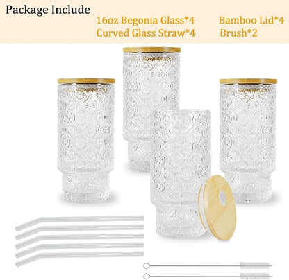 Glass Cups with Lids and Straws 16 oz Begonia Drinking Glasses Set | Vintage - Image 7