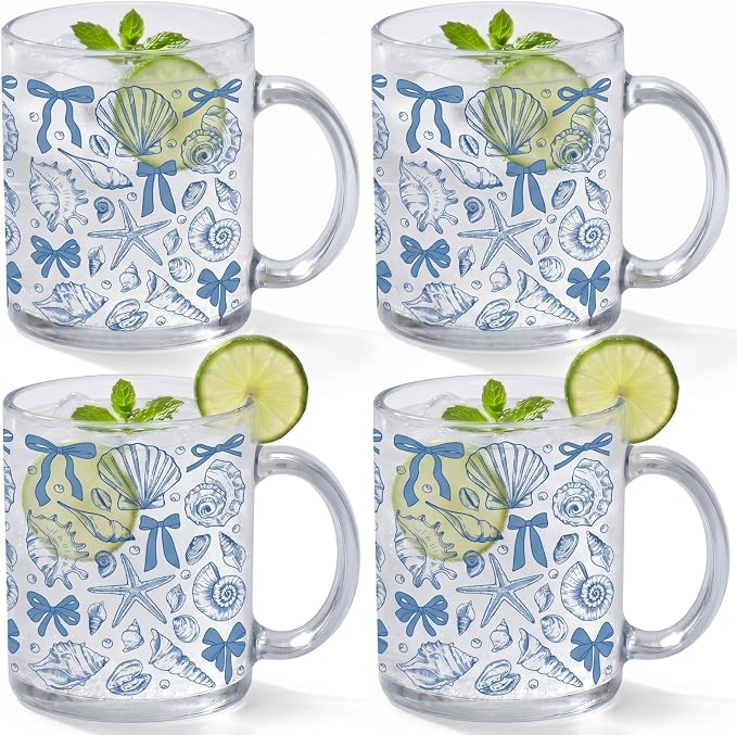 Tioncy 4 Pcs Summer Ocean Coffee Mugs 12 oz Blue Bow Seashell Glass Cups by Tioncy