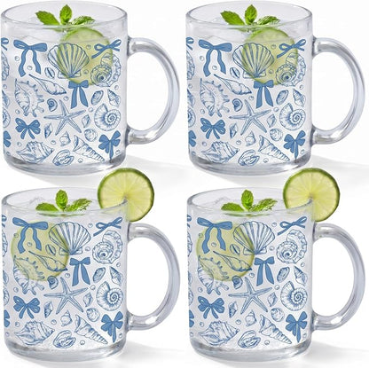 Tioncy 4 Pcs Summer Ocean Coffee Mugs 12 oz Blue Bow Seashell Glass Cups by Tioncy