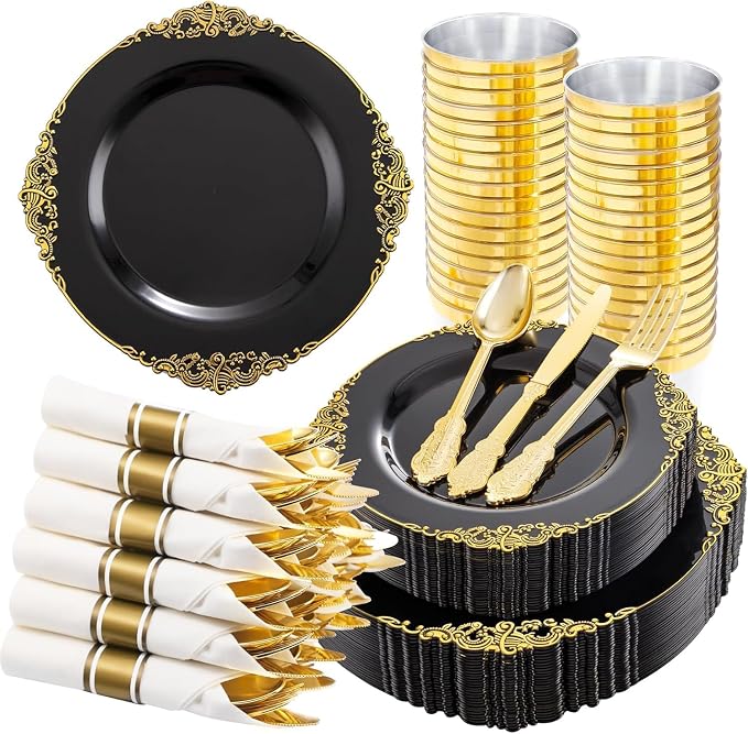 210 Pcs Black Gold Plates for Graduation | Black Party Plates Set for 30 Guests by Hioasis