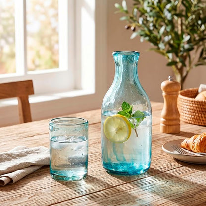 NOVICA Artisan Handblown Recycled Glass Carafe Aqua Cup Clear Green Mexico - Image 2