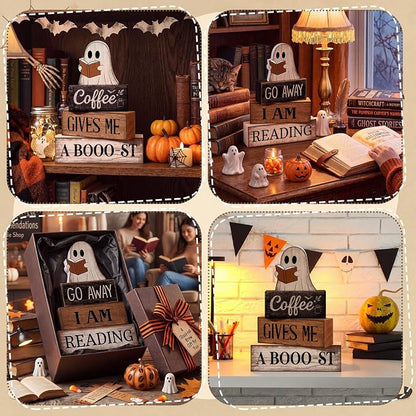 Moucuny 4 Pcs Halloween Table Decoration Wooden Ghost Reading Stacked Block - Image 5