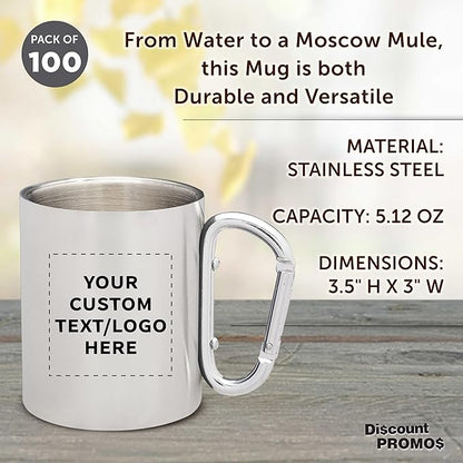 Custom Stainless Steel Mugs with Carabiner Handle 10 oz. Set of 100, Personalized Bulk Pack - Perfect for Coffee, Soda, Other Hot & Cold Beverages - Silver