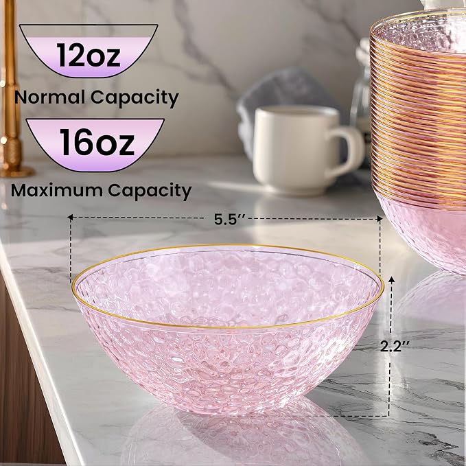 50 Pack 12 Ounce Pink Plastic Bowls Serving Bowls Hammered Clear Bowl - Image 5
