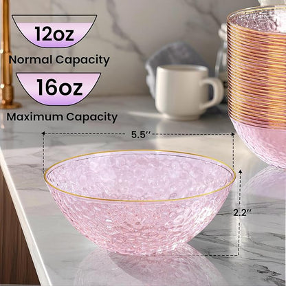 30 Pack 12 Ounce Pink Plastic Bowls Hammered Clear Bowl - Image 5