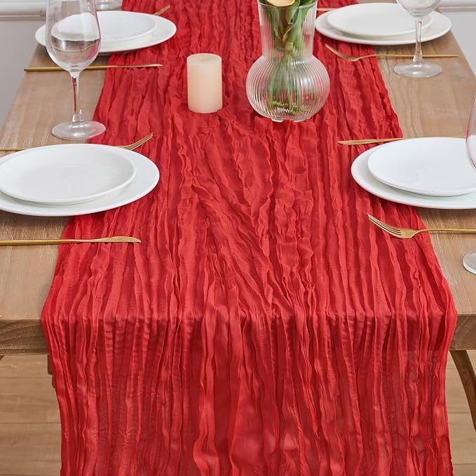 Asee'm 2pcs Red Cheesecloth Table Runner Christmas 10FT Boho Rustic Gauze | - Image 2