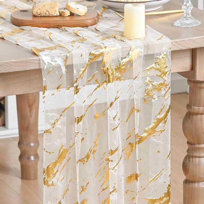 Artoid Mode Marble Pattern Beige Gauze Table Runner 10FT, Glitter Metallic Foil by ArtoidMode
