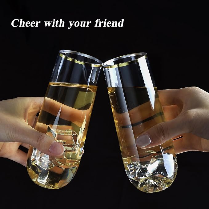 Bestluck 48 Pack 9 oz Stemless Plastic Champagne Flutes Gold Rim | Clear - Image 5