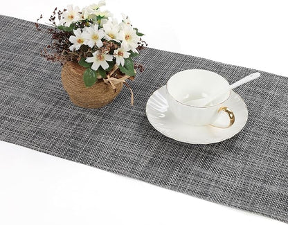 SHACOS Woven Vinyl Table Runners 12 x 54 inch Wipeable PVC Weave Table Runner Heat Resistant Runner for Dining Table Indoor Outdoor, Dark Gray
