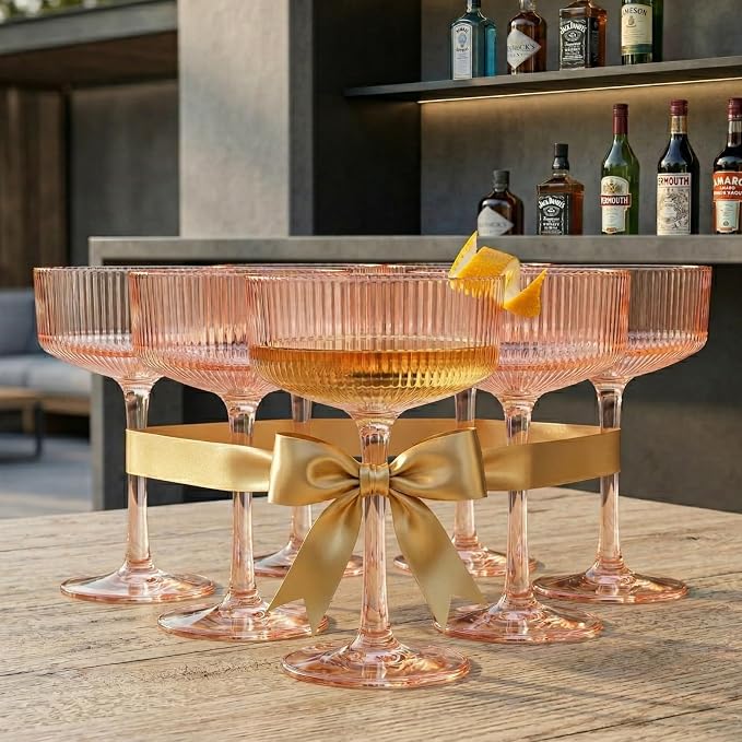 Khen Pink Peach Acrylic Ribbed Coupe Martini Champagne Cocktail Glasses - Image 7