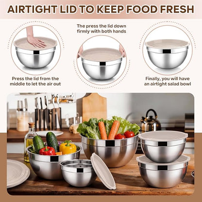 E-far Mixing Bowls With Lids Sets of 5, 10-Piece Stainless Steel Salad Metal - Image 6