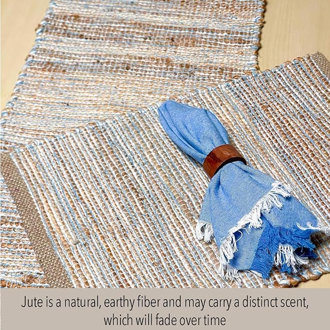 Natural Jute Table Runner, 13x90 Inch, Sky Blue-White | Vintage Boho Rustic - Image 2
